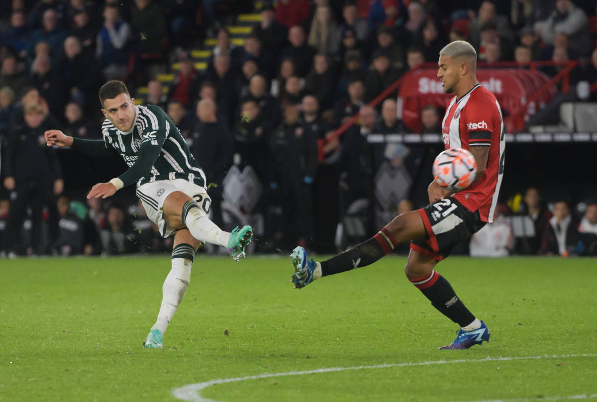 Diogo Dalot pictured (left) scoring for Manchester United against Sheffield United in October 2023